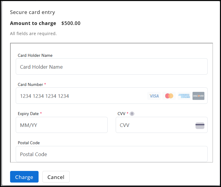 Card details and charge button